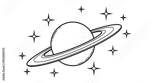 A simple drawing of saturn and stars a black outline silhouette