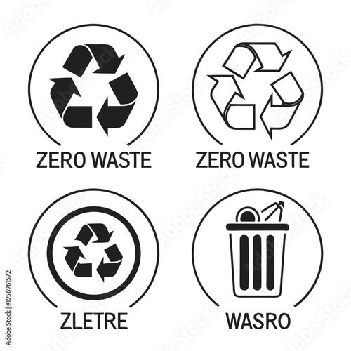 Black and white zero waste with recycling symbols and trash cans recycle reuse reduce