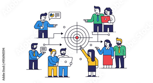 Teamwork and strategy to achieve business goals, aiming for target.