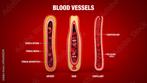 Anatomy of blood vessels including artery vein and capillary structure