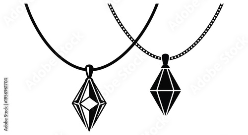 Two geometric pendants hanging on chains a striking black silhouette