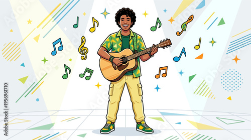 Young Man Playing Acoustic Guitar Outdoors.