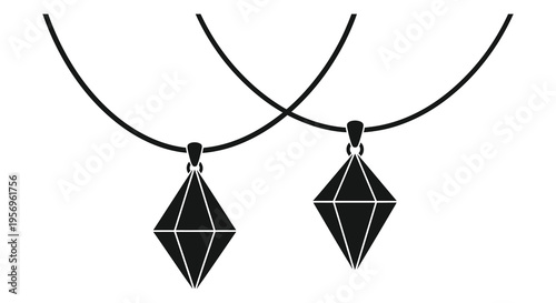 Two geometric pendants hang depicted as a stark black silhouette