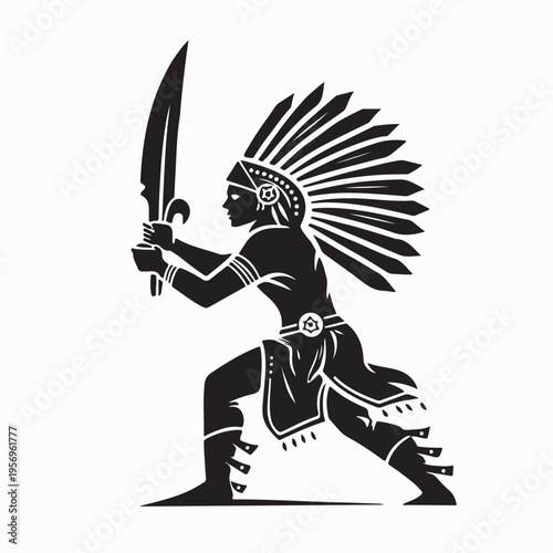 Ethnic Native Indian Chief Silhouette With Feather Headdress Vector Art