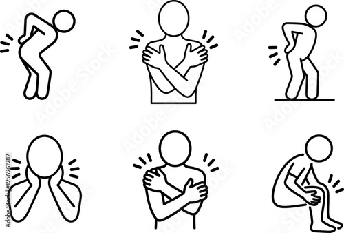 Common postures depicting lower back and shoulder pain relief techniques