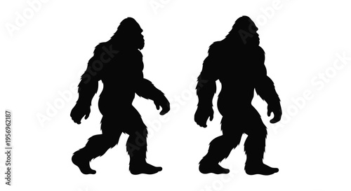 Two bigfoot creatures standing upright a dark shadow silhouette