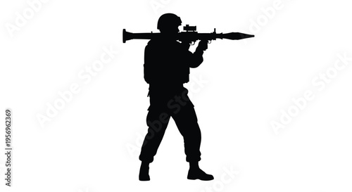 Soldier aiming a rocket launcher stark black form dramatic silhouette