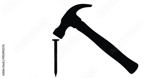 A black hammer driving a nail into wood bold silhouette