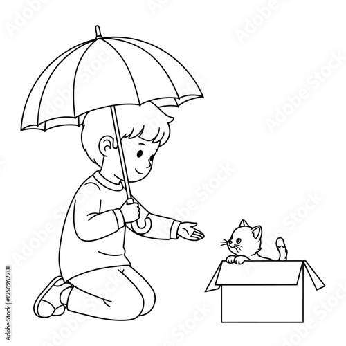 A young boy kneeling and holding an umbrella over a curious cat in a box