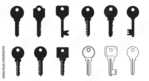 Collection of various key designs presented in a black silhouette