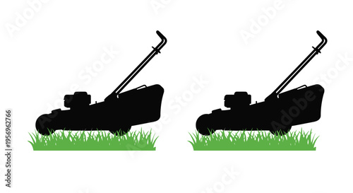 Two lawnmowers on green grass a striking black silhouette