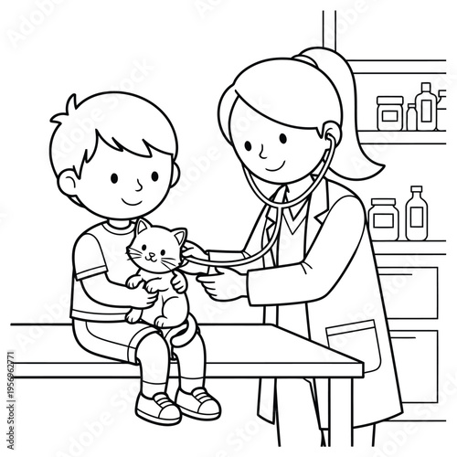 A female doctor listens to a cats heartbeat with a stethoscope while a child holds the cat in a clinic office