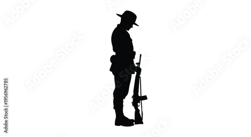 Soldier standing at attention with a rifle stark black silhouette