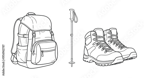 Hiking gear illustration including backpack boots and pole silhouette
