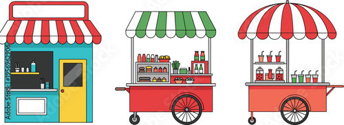 Street food stalls and shop storefront with carts and awnings retail kiosk vector illustration set
