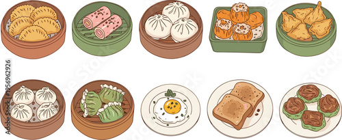 Asian food dishes collection with dumplings sushi rolls buns toast and snacks traditional cuisine vector illustration set