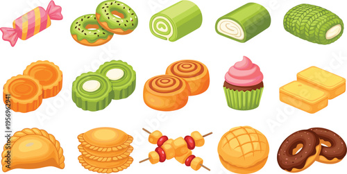 Assorted desserts and sweets collection with cookies rolls cupcakes and pastries colorful bakery vector illustration set