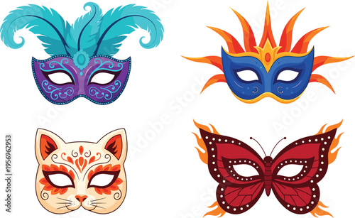 Carnival masks collection with feather masquerade cat and butterfly decorative festive vector illustration set