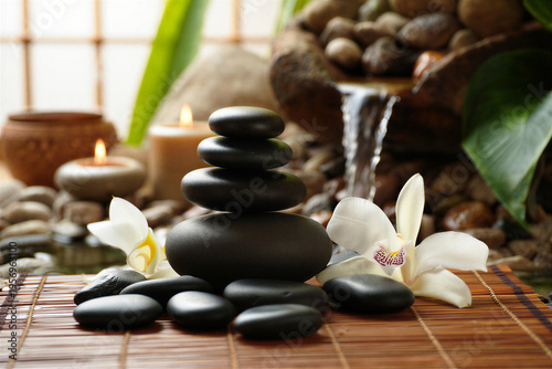 Black stones stacked on bamboo mat with white flowers and lit candles nearby for relaxation