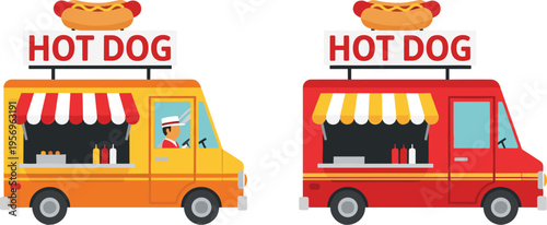 Hot dog food trucks set with street vendor carts mobile fast food service colorful vector illustration