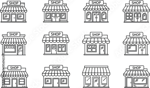 Shop storefront outline icons collection with various retail buildings and awnings minimal line vector illustration set