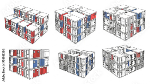 Varied arrangements of modern modular container buildings for sustainable urban housing solutions