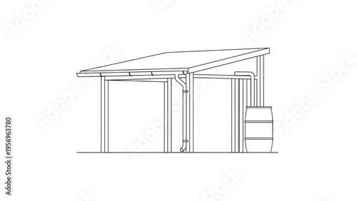 Outline drawing of a simple rain shelter with a water collection barrel