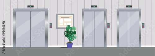 Elevator Hallway. Apartment Elevator Lobby interior with three closed lifts. Flat vector illustration of office or apartment building hallway, waiting area background, public space architecture