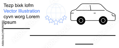 Automotive services, travel, global trade, minimal branding, transportation, design templates. Simple car icon with a globe and text. Automotive services and global trade concepts