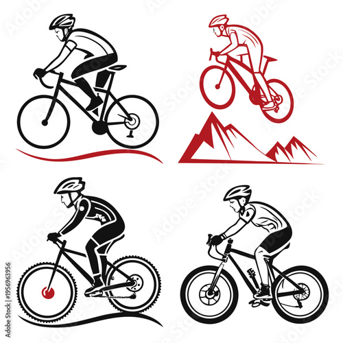 Four bicycle riders in different poses and colors on white background bike cyclist mountain