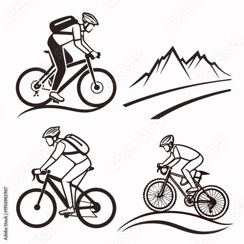 Three bicycle riders with backpacks and mountains on white background bike cyclist