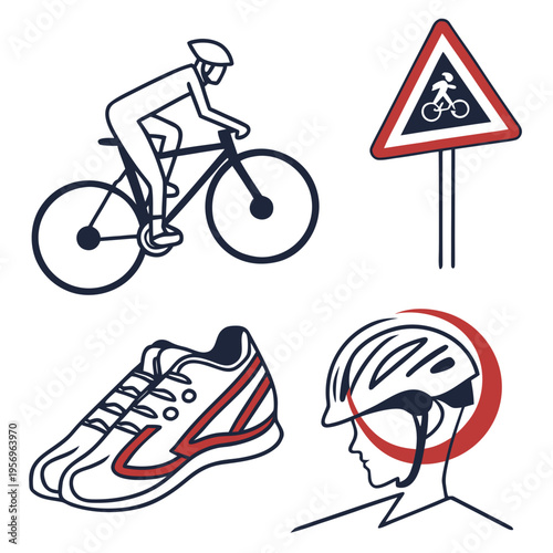 Cycling with bike, helmet, and shoe on white background bicycle