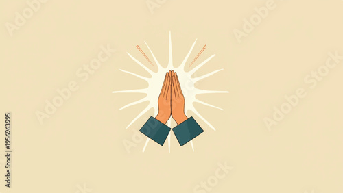 Praying hands with sunburst light beige background spirituality symbol
