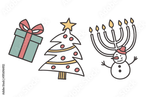 Christmas with gift tree snowman and menorah