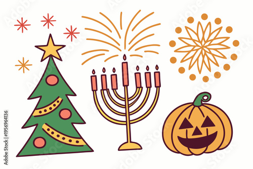 Christmas tree and jack o lantern with menorah and fireworks holiday