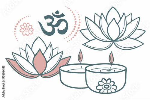 Lotus flowers, candles, and om symbol for meditation and relaxation