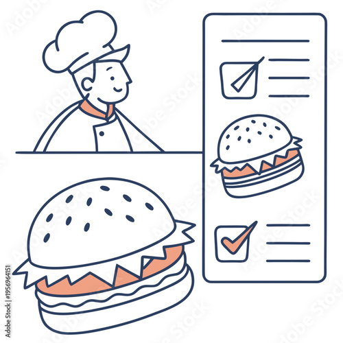 Chef and burger order checklist with checkbox food