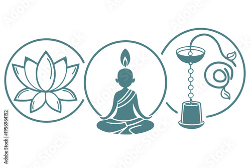 Buddhist meditation symbols including lotus flower, monk, and incense burner