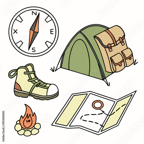Outdoor adventure with tent map compass and campfire
