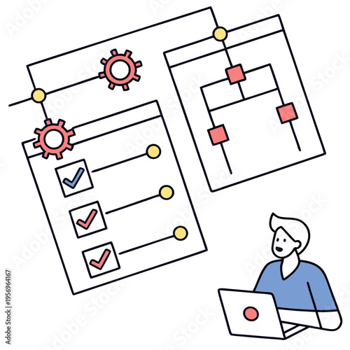 Person working on laptop with flowchart and gears on white background
