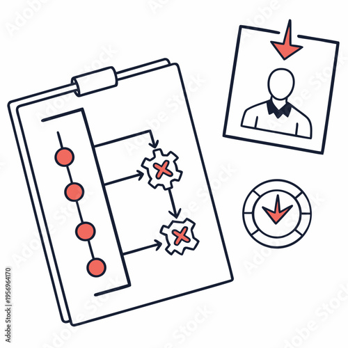 Clipboard with flowchart and gears on white background business