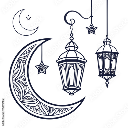 Black and white of crescent moon and lanterns stars