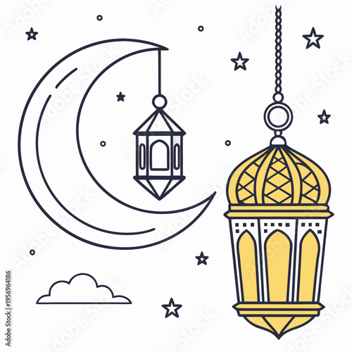 Black and yellow of crescent moon and lantern stars