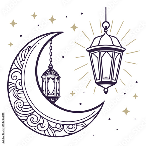 Crescent moon with hanging lanterns and stars moon phase