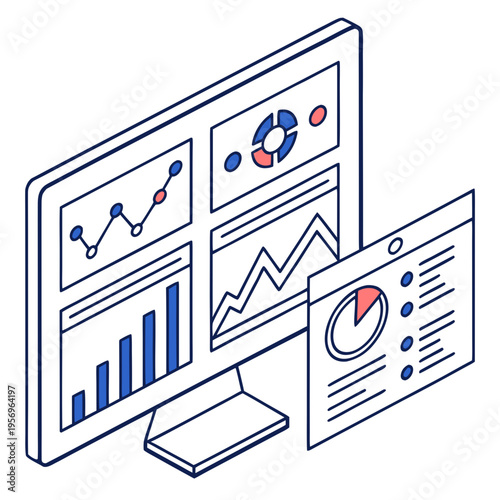 Computer monitor with business data and graphs data analysis statistics