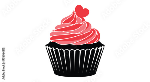 A vibrant pink cupcake with a red heart on top silhouette