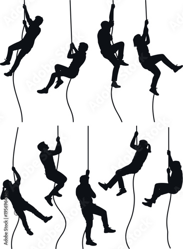 Set of people silhouettes climbing ladders achieving goals looking for opportunities and celebrating success isolated on white for business growth and career development concept
