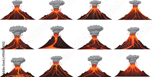 Volcano eruption illustration set, active lava mountain explosions with smoke ash flow natural disaster geology vector isolated icon collection