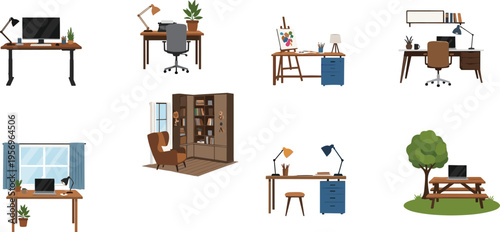Workspace desk collection illustration home office furniture study table laptop chair bookshelf creative interior design isolated vector modern set