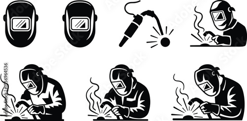 Welding safety and metalwork silhouette icons set, industrial welder equipment symbols, protective mask sparks black white vector illustration